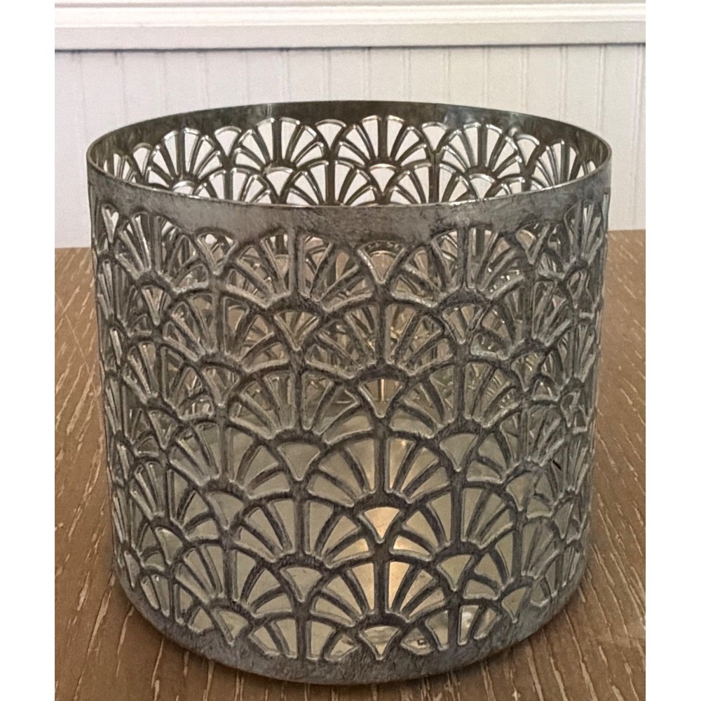Bath & Body Works 3-Wick Candle Holder Metal Cutout Silver Gray Sleeve